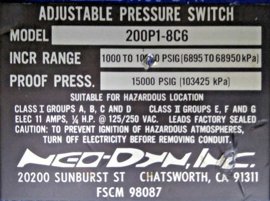 Neo-Dyn 200P18C6 Adjustable Pressure Switch, Range: 1000-10,000 PSIG - NEW