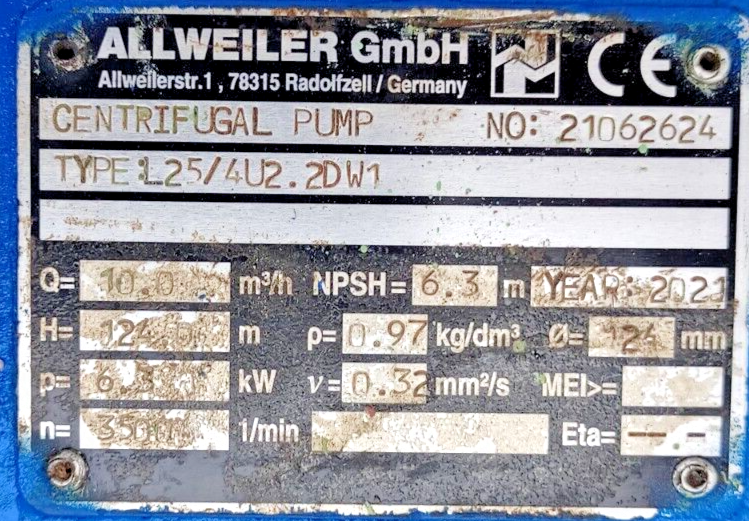 Allweiler L25/4U2.2DW1 Centrifugal pump with 5.5/6.6 kW, 2900-3480rpm Motor
