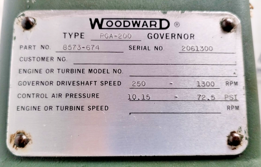 Woodward Governor PGA-200 Part No.: 8573-674 RPM: 250-1300