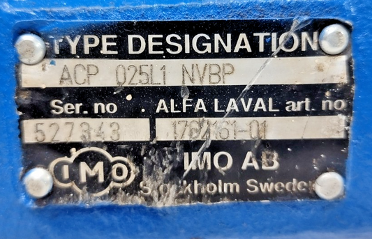 IMO ACP 025L1 NVBP Triple screw pump with Motor 0.25/0.3kW, 920-1100rpm - Tested