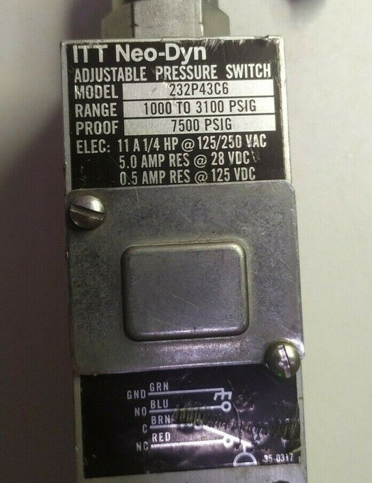 ITT Neo-Dyn Adjustable pressure switch 232P43C6  1000-3100 PSIG - used