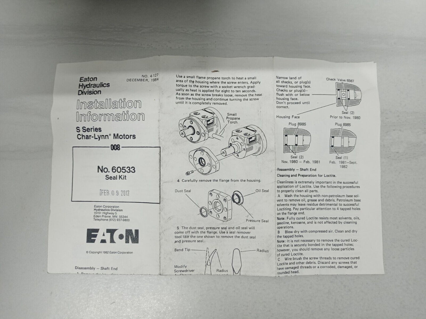 Eaton 60533 S-series Char-Lynn Motor seal kit - NEW