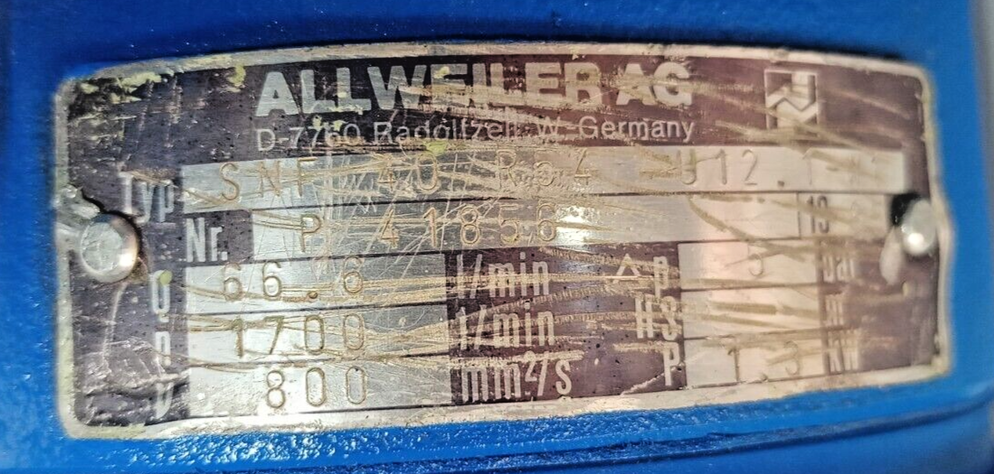 ALLWEILER SNF40 R54 U12.1-W1 Triple Screw Pump - Pressure tested