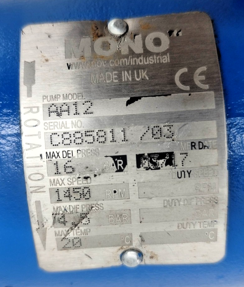 Mono Pump AA12 Single Screw Progressive Cavity Sludge Pump - Refurbished