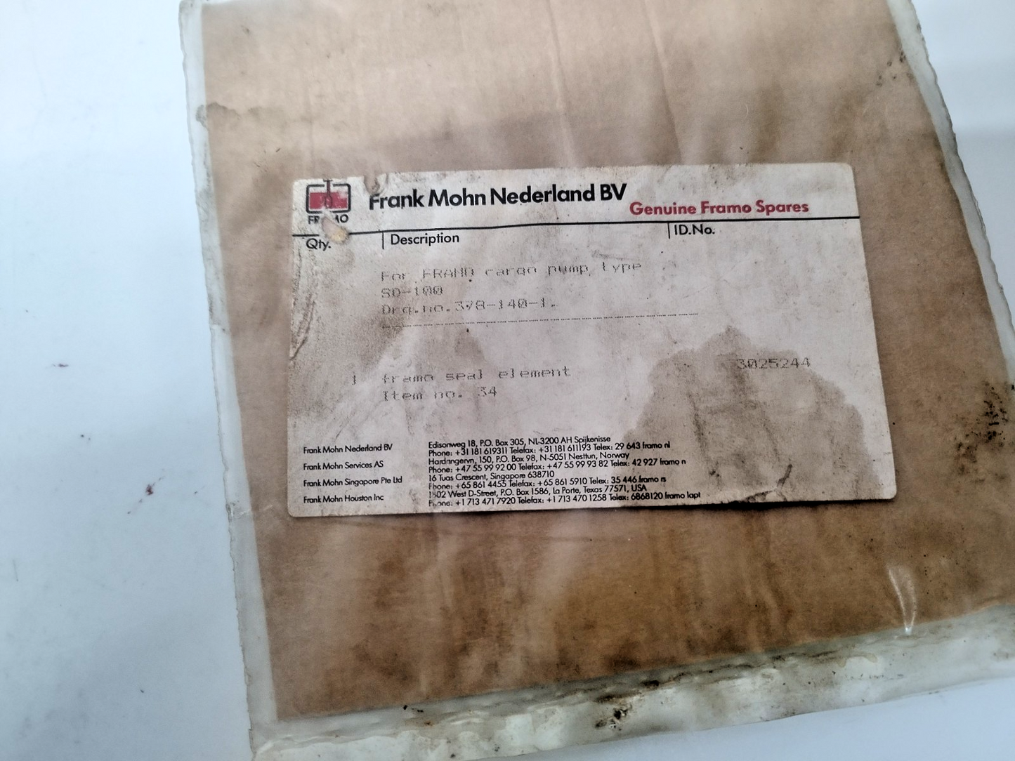 Framo Seal ring Id: 3025244, 3025228, 3025236 for SD-100 Cargo pump - NEW