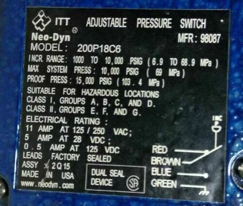 ITT Neo-Dyn 200P18C6 Adjustable Pressure Switch  Range: 1000-10,000 PSIG