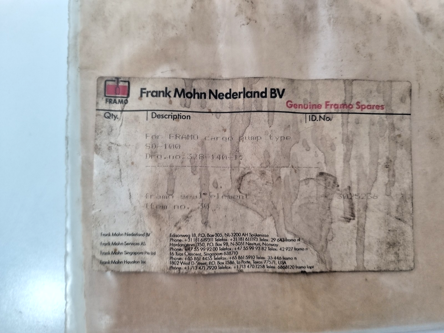 Framo Seal ring Id: 3025244, 3025228, 3025236 for SD-100 Cargo pump - NEW