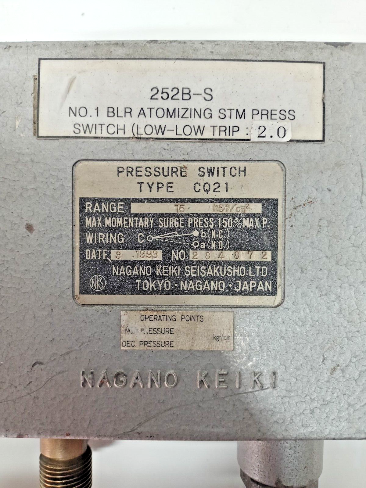 Nagano Keiki CQ21 Pressure Switch Range- 15kgf/cm2