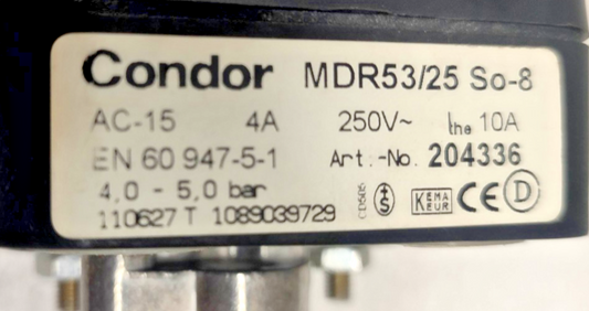 Condor MDR53/25 So-8 Pressure Switch AC-15, 4A, 250V, 4-5bar - NEW