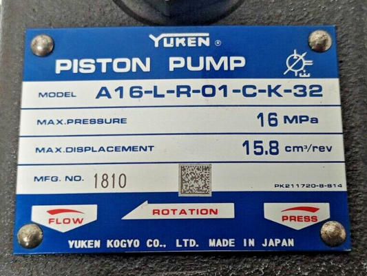 YUKEN A16-L-R-01-C-K-32 Variable Piston Pump with Mounting bracket - New