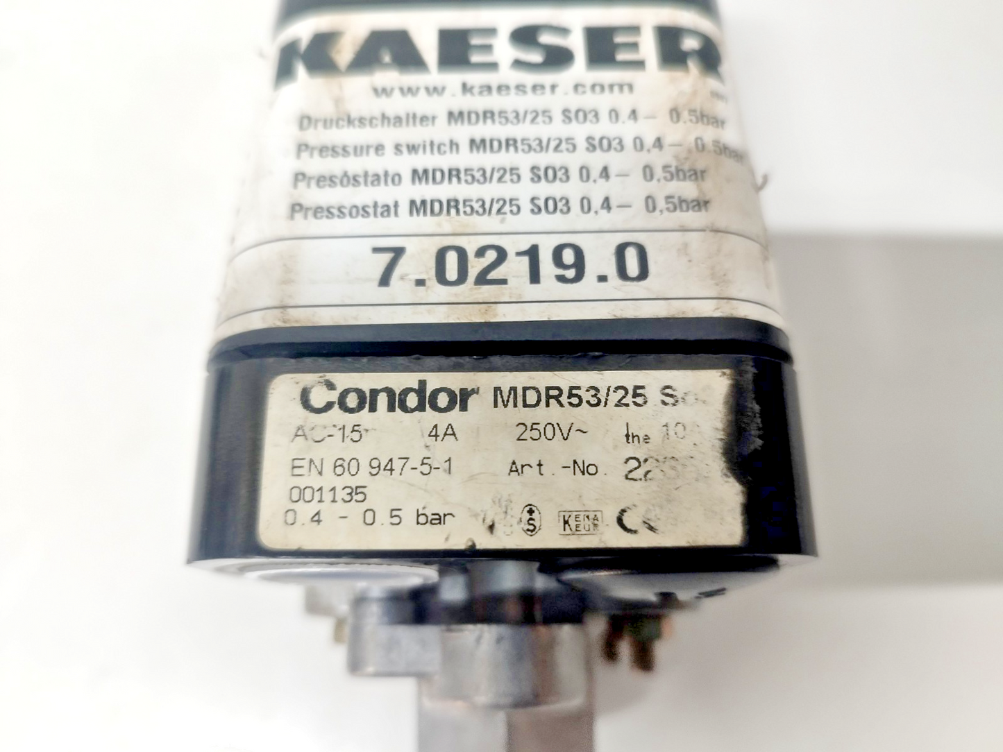 Condor MDR53/25 So-3 Pressure Switch AC-15, 4A, 250V, 0.4-0.5bar - NEW #2