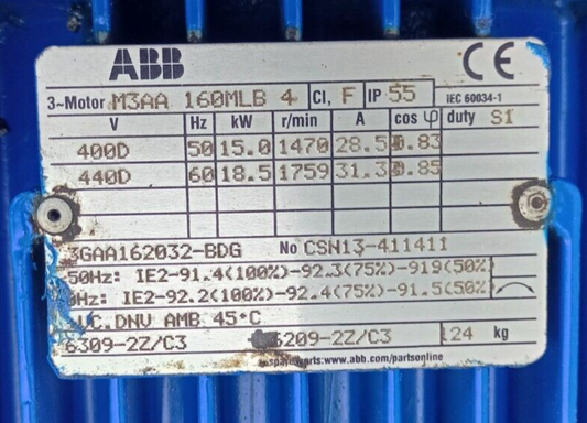 ABB M3AA 160MLB 4 Electric Motor 50/60Hz, 15-18.5kW, 1470-1759rpm, 440D