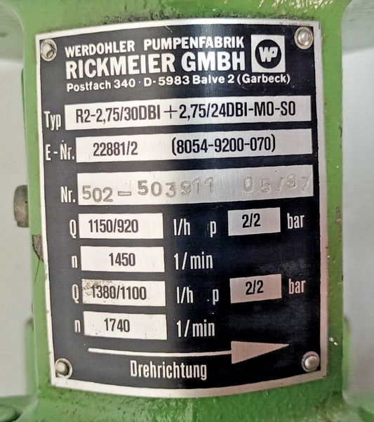 Rickmeier R2-2,75/30DBI+2,75/24DBI-M0-S0 Hydraulic Gear Pump - NEW