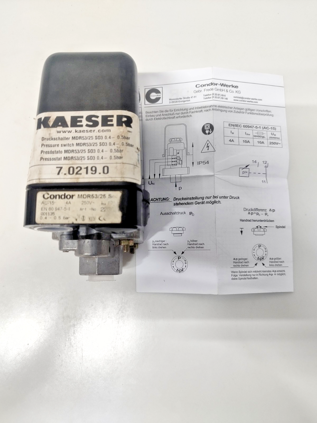 Condor MDR53/25 So-3 Pressure Switch AC-15, 4A, 250V, 0.4-0.5bar - NEW #2