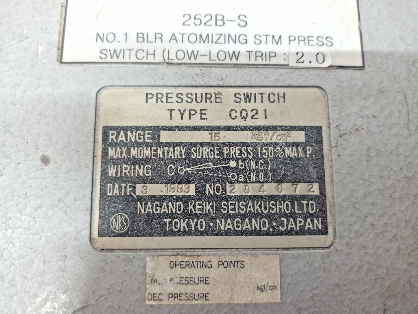 Nagano Keiki CQ21 Pressure Switch Range- 15kgf/cm2
