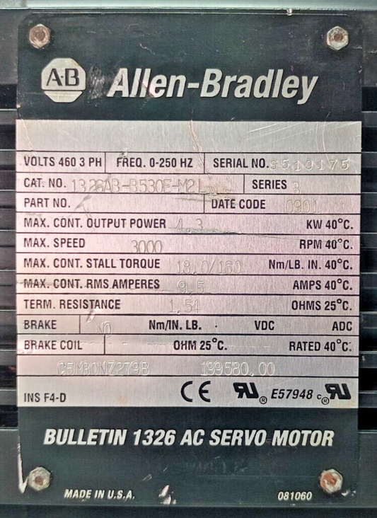 Allen-Bradley 1326AB-B530E-M2L AC Servo Motor 460V, 18Nm, 3000RPM