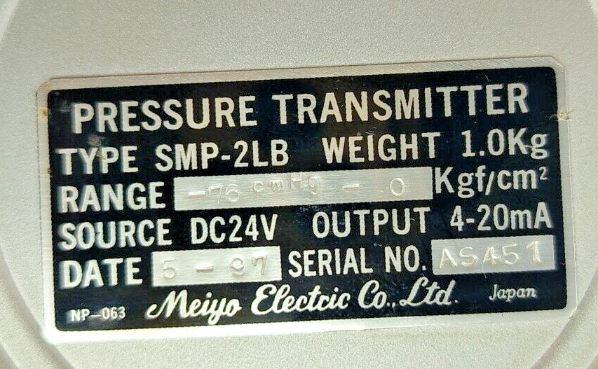 Meiyo Electric SMP-2LB Pressure Transmitter -76 cmHg ~0 kgf/cm² DC24V, 4-20mA