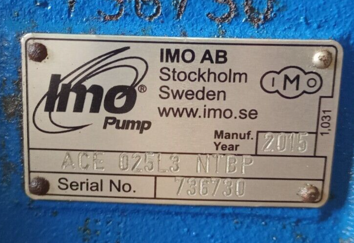IMO Pump ACE 025L3 NTBP Triple screw pump with 0.86kw, 60hz, 1695rpm Motor