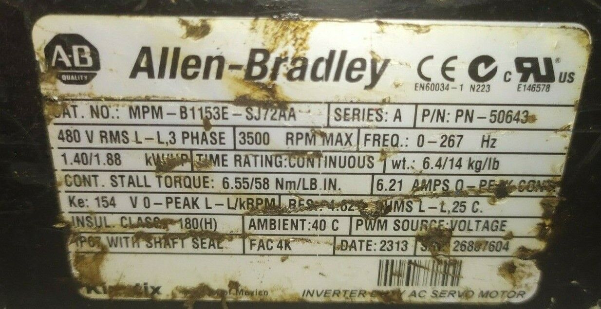 Allen-Bradley MPM-B1153E-SJ72AA Series-A Servo motor 480V 3500 RPM max.