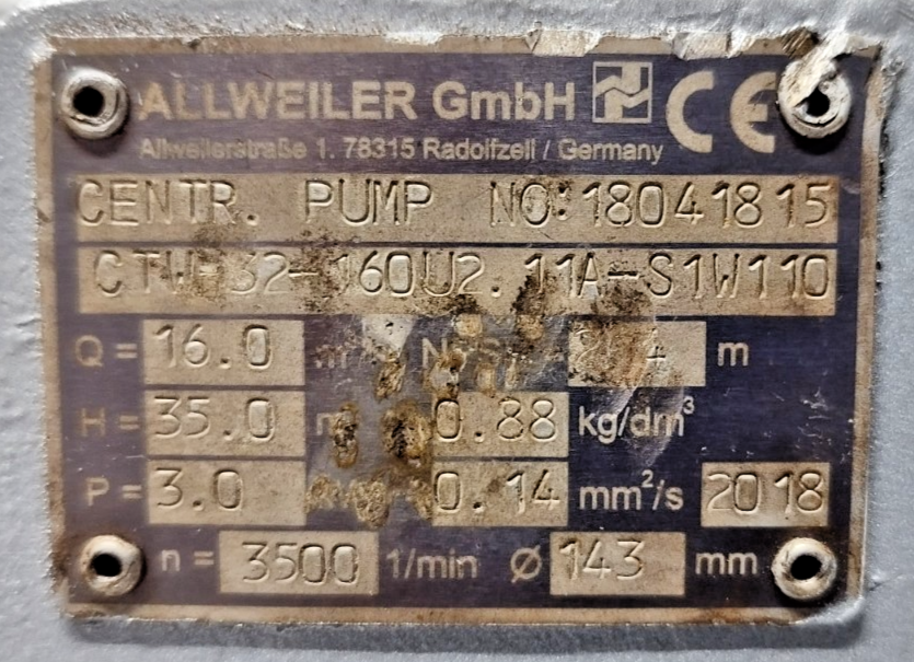 Allweiler CTWH 32-160 U2.11A-S1W110 Centrifugal pump - Refurbished Mfg.2018