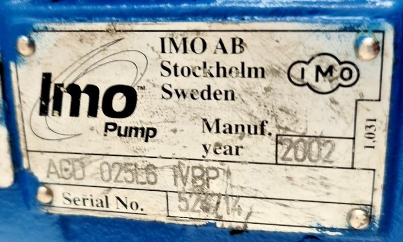IMO ACD 025L6 IVBP Triple screw pump 0.75kW electric Motor - Refurbished Tested