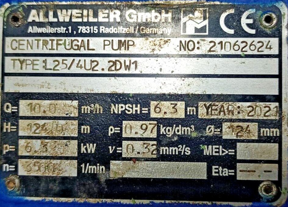 Allweiler L25/4U2.2DW1 Centrifugal pump with 5.5/6.6 kW, 2900-3480rpm Motor