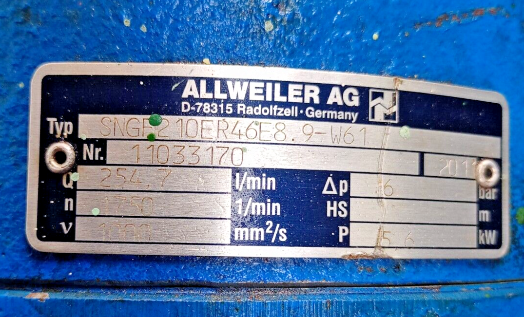 Allweiler SNGF210ER46E8.9-W61 Triple screw pump with 8.7 kw 1680rpm motor - NEW