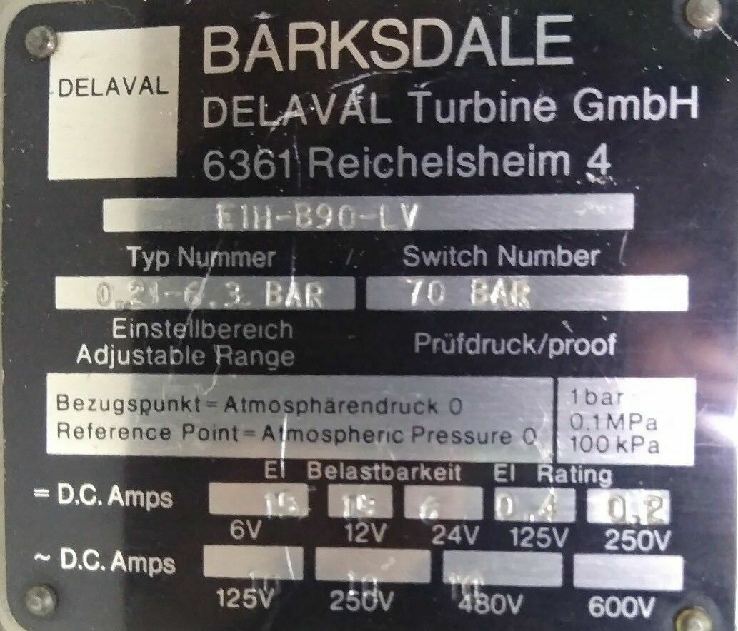 BARKSDALE TYPE: E1H-B90-LV Pressure switch - NEW