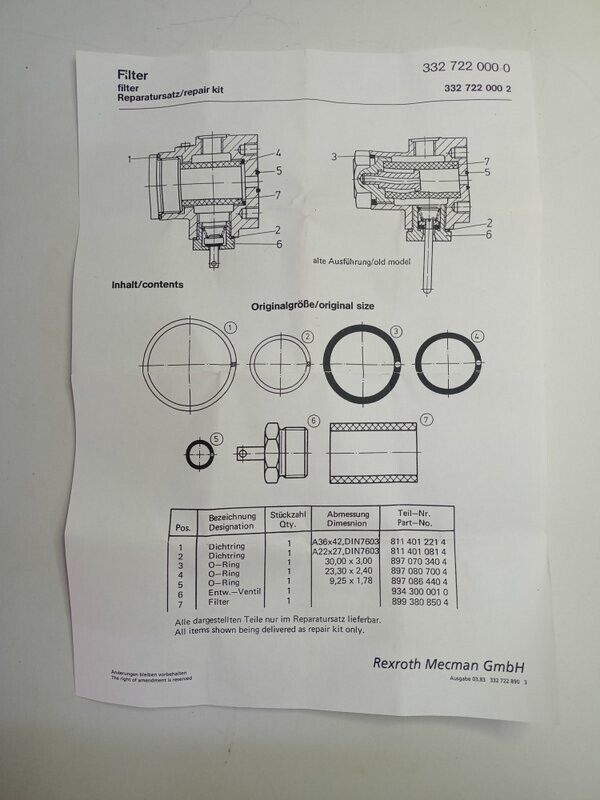 Rexroth 3327220002 Pneumatic Valve Repair kit - NEW