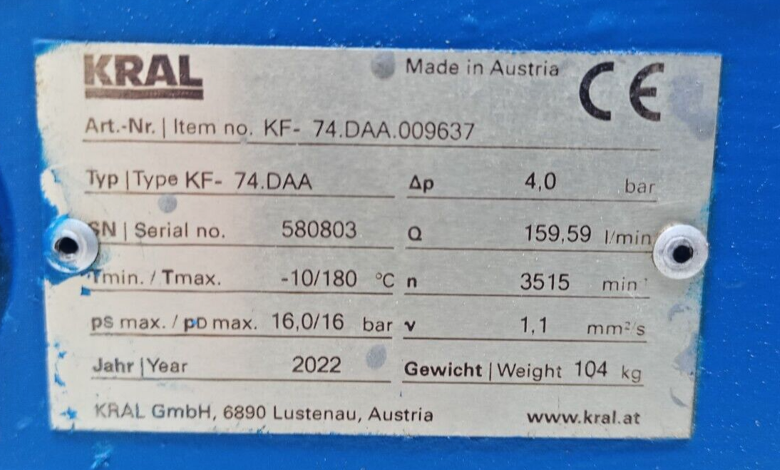 Kral KF-74.DAA Magnetic coupling Triple screw pump with motor Mfg.2022