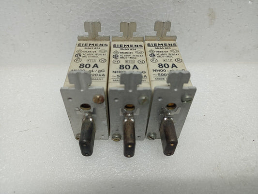 Siemens 3NA3 824 fuse 80A NH00-gL/gG 500V/120kA - New (Lot of 3pcs)