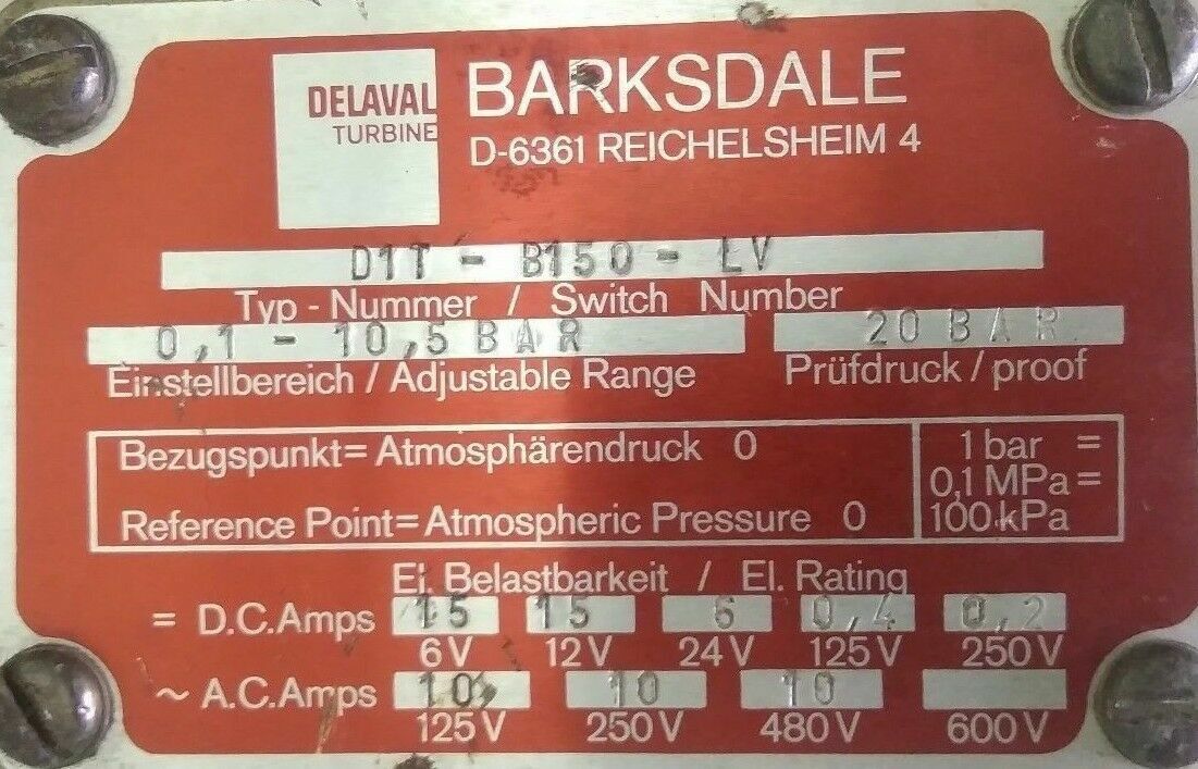 BARKSDALE D1T-B150-LV PRESSURE OR VACUUM ACTUATED SWITCH