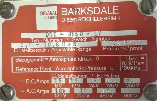 BARKSDALE D1T-B150-LV PRESSURE OR VACUUM ACTUATED SWITCH
