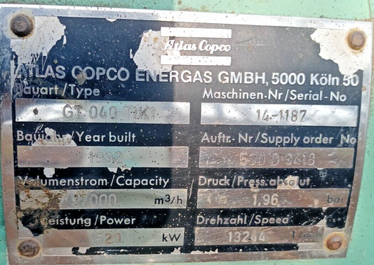 Atlas Copco GT-040-T1K1 centrifugal compressor capacity: 17000 m3/h