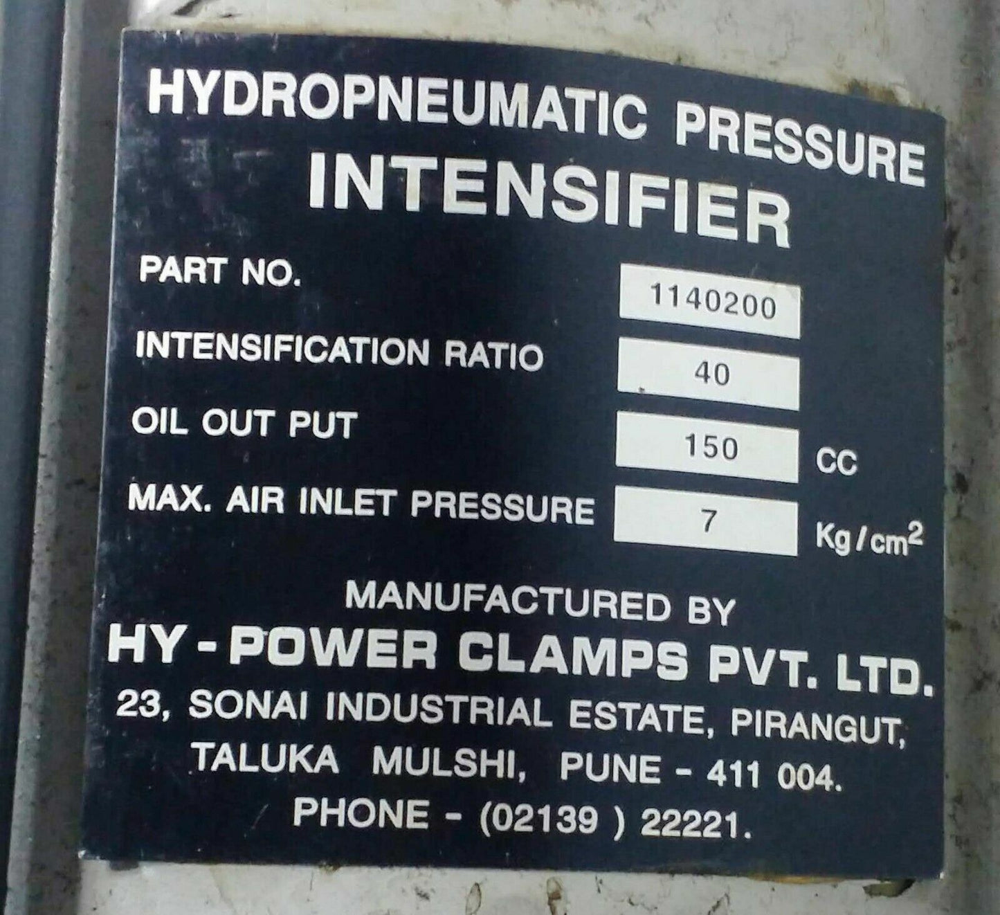 Hy-Power clamps Hydropneumatic Pressure Intensifier 1140200