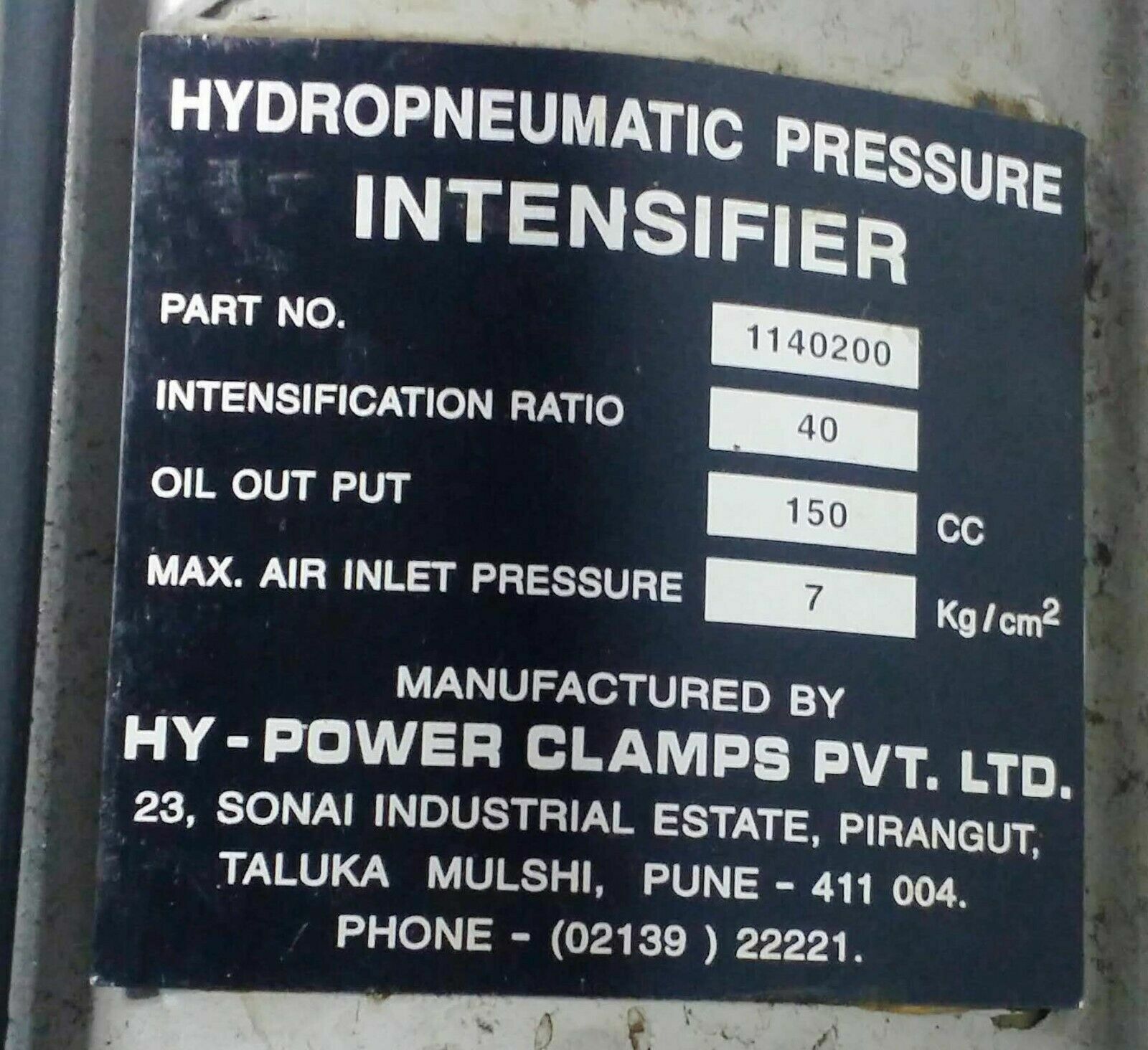 Hy-Power clamps Hydropneumatic Pressure Intensifier 1140200