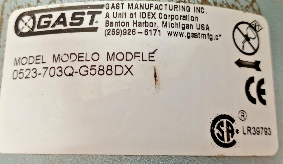 Gast 0523-703Q-G588DX Rotary vane Vacuum pump 1/4 hp, 100-115/220-230V
