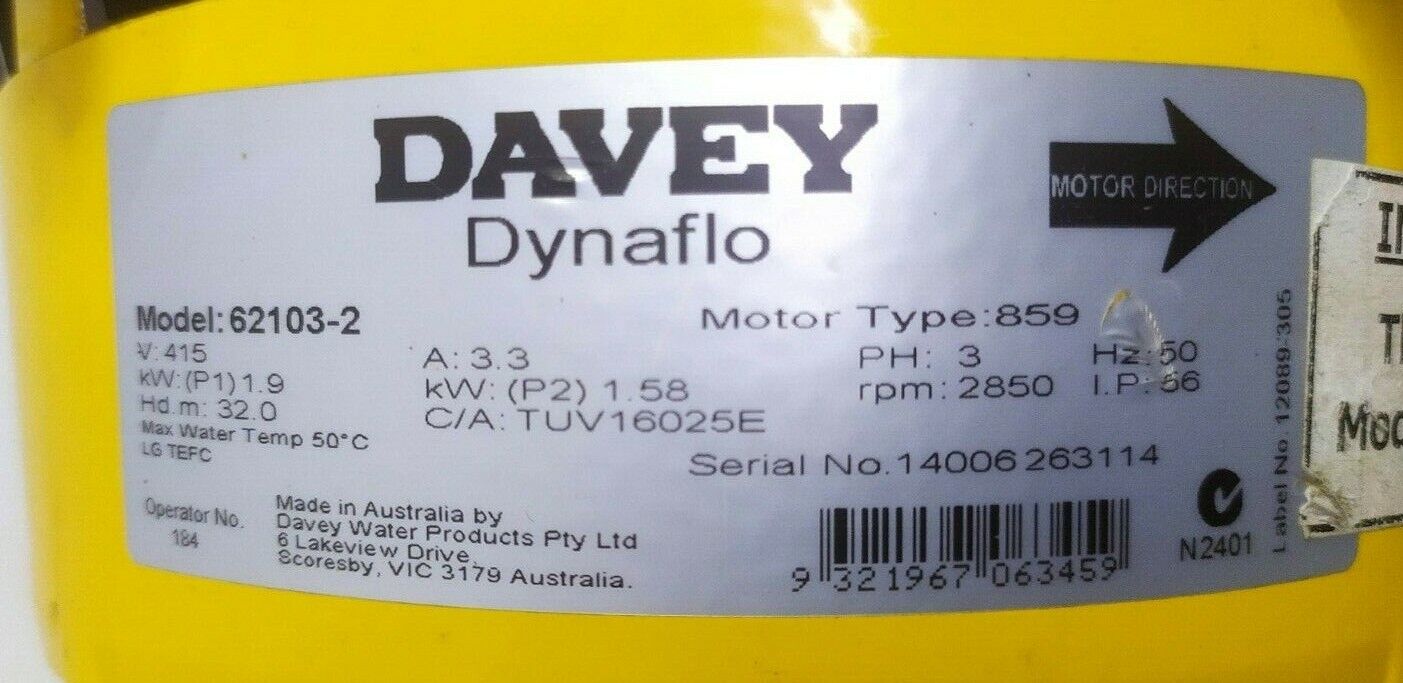 Davey Dynaflo 62103-2, Motor type:859 Noryl Casing Electric Water transfer pump