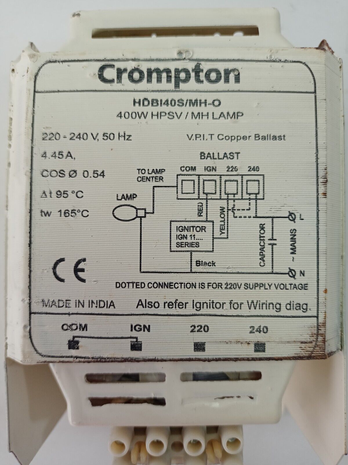 Crompton HDBI40S/MH-O 400W HPSV/MH lamp V.P.I.T copper ballast