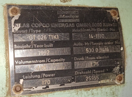 Atlas Copco GT-026-T1K1 single-stage motor-driven centrifugal compressor