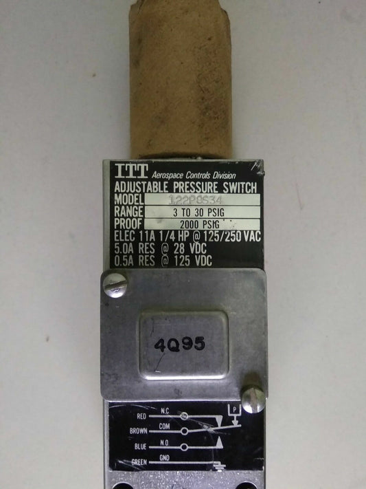 ITT Aerospace Adjustable Pressure Switch 122P8S34 Range: 3-30 PSIG - NEW