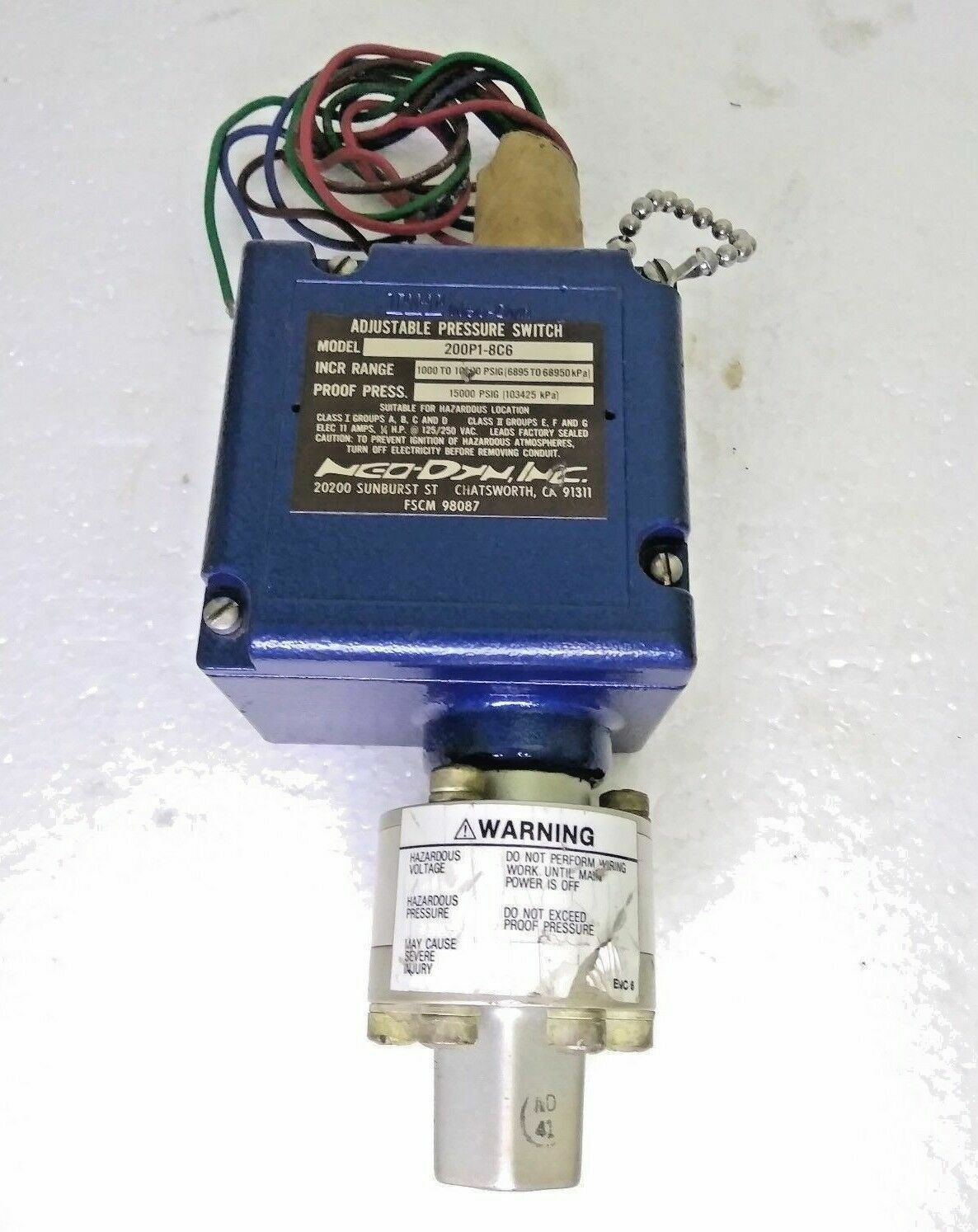 Neo-Dyn Adjustable Pressure Switch Model: 200P18C6 Range: 1000-10,000 PSIG - NEW