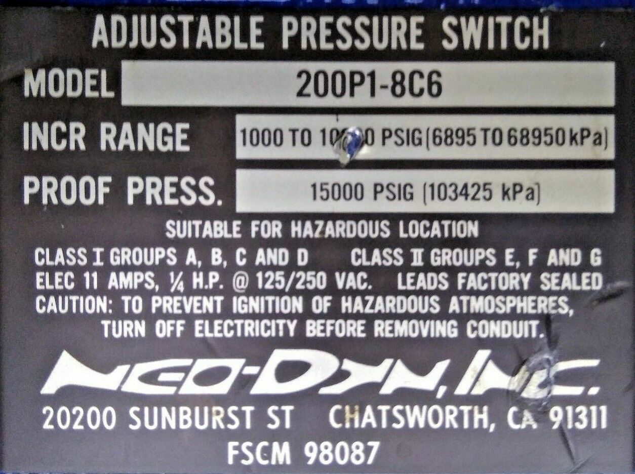 Neo-Dyn Adjustable Pressure Switch Model: 200P18C6 Range: 1000-10,000 PSIG - NEW
