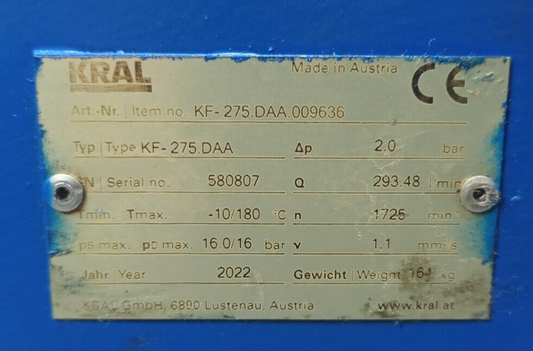 Kral KF-275.DAA Magnetic coupling Triple screw pump KF-275.DAA.009636 Mfg.2022