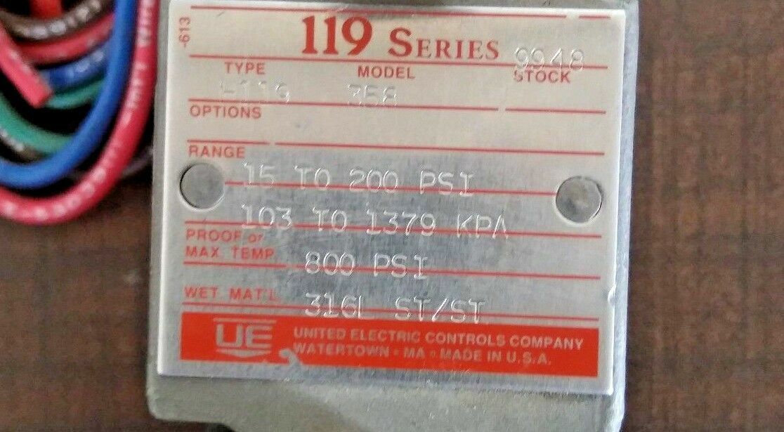 UE Pressure Switch 119 Series Type:H119 Model:358 Range: 15-200 psi NEW