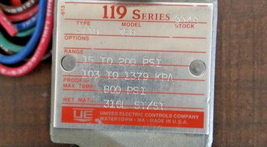 UE Pressure Switch 119 Series Type:H119 Model:358 Range: 15-200 psi NEW