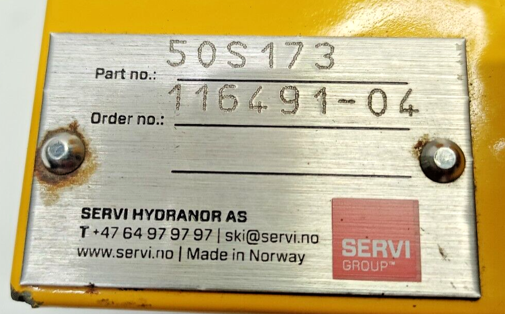 Servi Hydranor Part No. 50S173 Hydraulic Control block - NEW