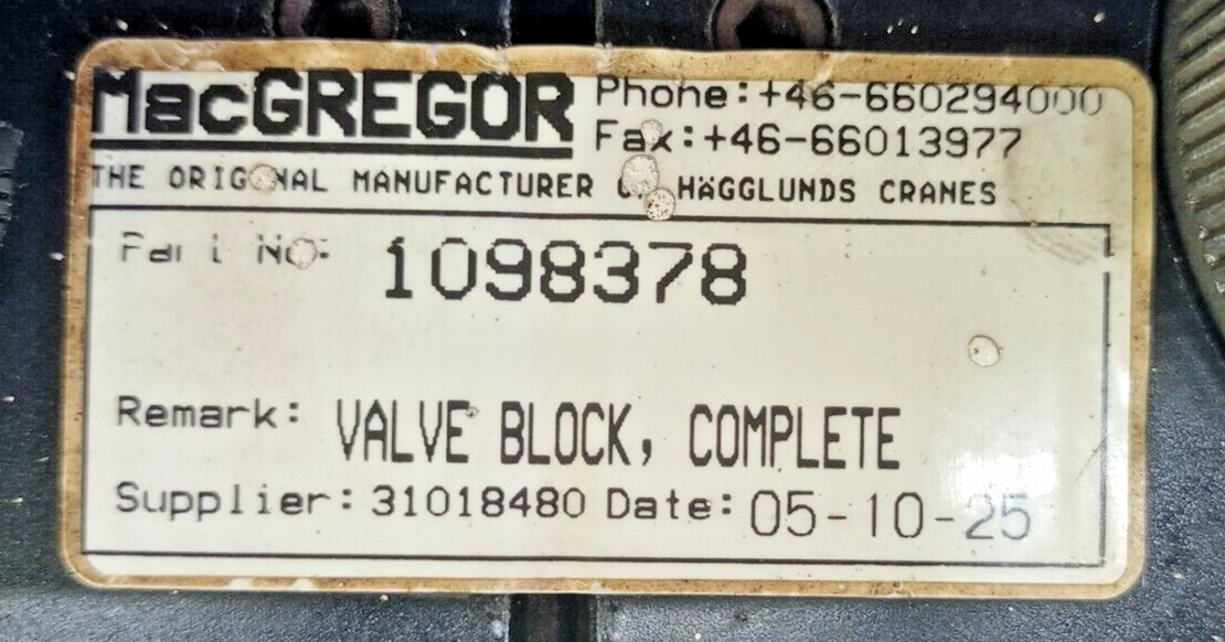 MacGREGOR Cranes Part No.: 1098378 Hydraulic valve block complete - New Surplus