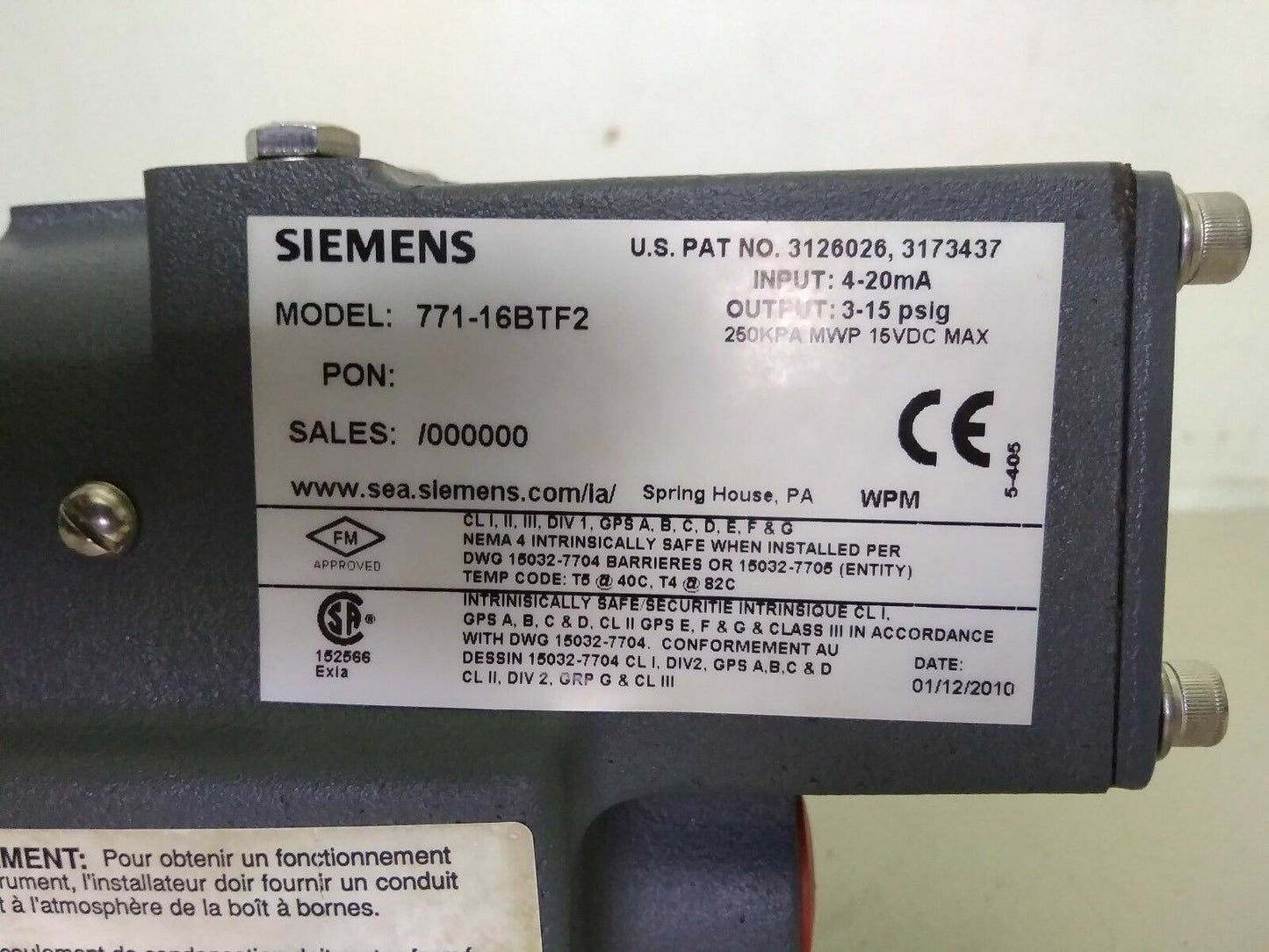 TRANSDUCER Model: 771-16BTF2 SIEMENS - NEW