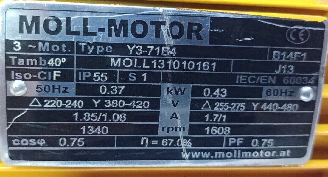 Duplomatic DS3-TA/11N-A00/CM valves moll-motor Y3-71B4 0.37/0.43 kW 50/60hz
